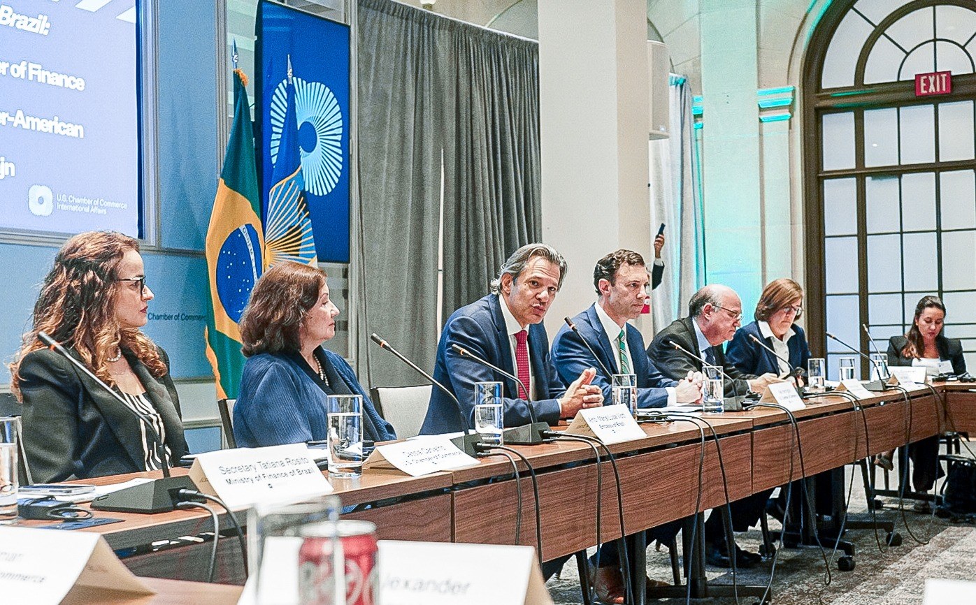 Minister Fernando Haddad at a sustainable finance event in Washington. Credit: G20 Brasil Audiovisual