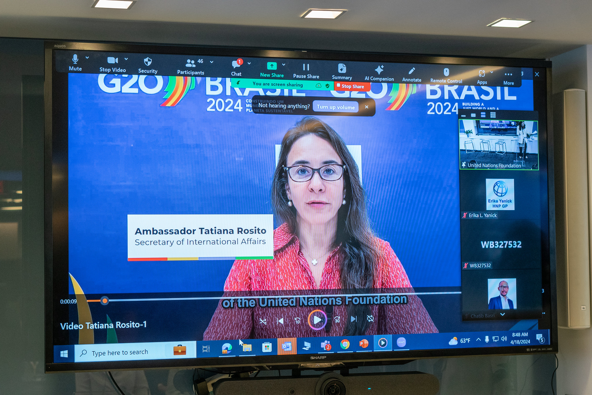 La embajadora Tatiana Rosito: "Brasil apoya la prioridad establecida por la Fuerza de Tarea Conjunta sobre Finanzas y Salud del G20". Crédito: Audiovisual G20