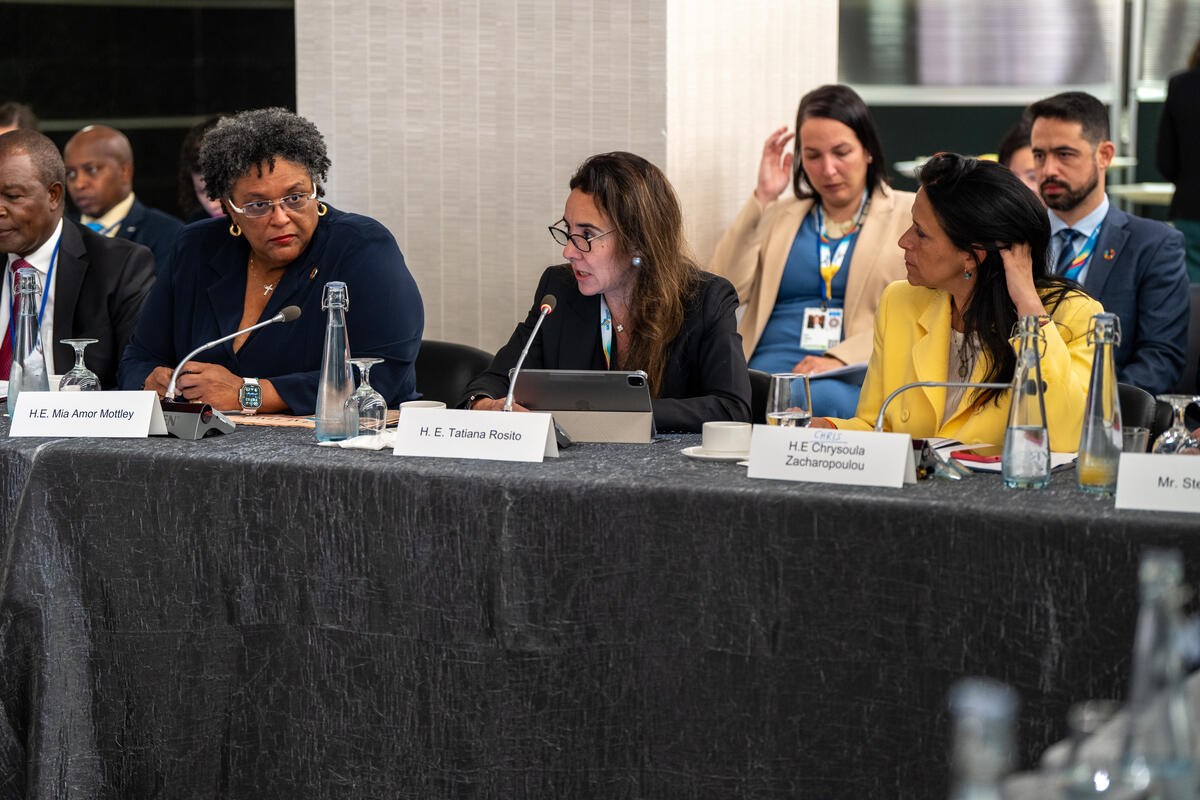 Ambassador Tatiana Rosito, coordinator of the G20 Finance Track, participates in a meeting with countries including Barbados, Egypt, Ghana, Kenya, the Philippines and Sri Lanka, as well as civil society entities and multilateral organizations. Credit: Rockfeller Foundation.